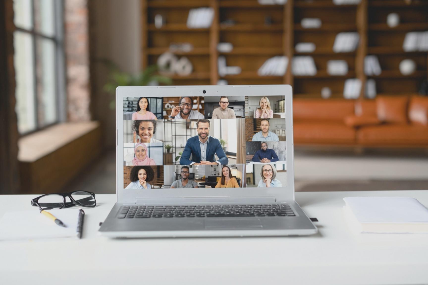 Business professional presenting sales strategy during a live webinar session